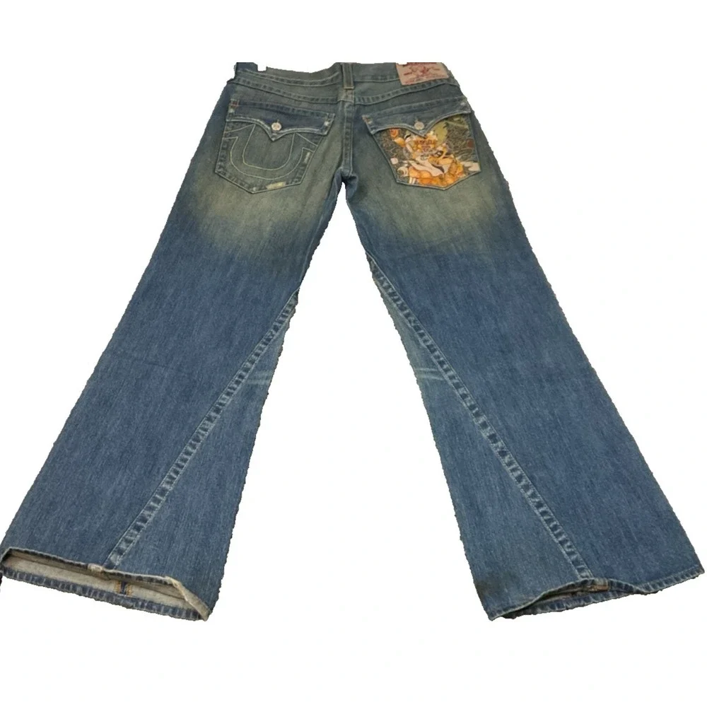 True Religion Flare Twisted Buddha Graphic embroidered‎ pocket USA Y2K